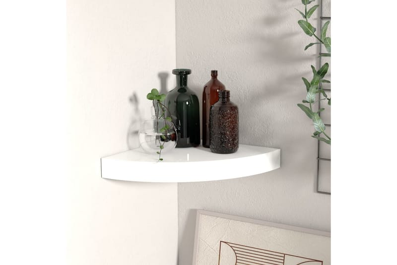 Kelluva kulmahylly korkeakiilto valkoinen 25x25x3,8 cm MDF - Valkoinen - Säilytys - Hylly - Kulmahylly