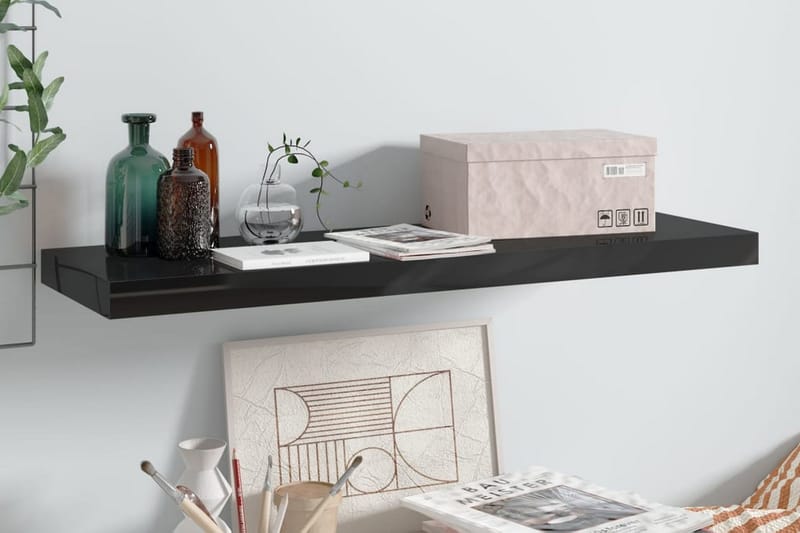 Kelluva seinähylly korkeakiilto musta 80x23,5x3,8 cm MDF - Musta - Säilytys - Hylly - Seinähylly