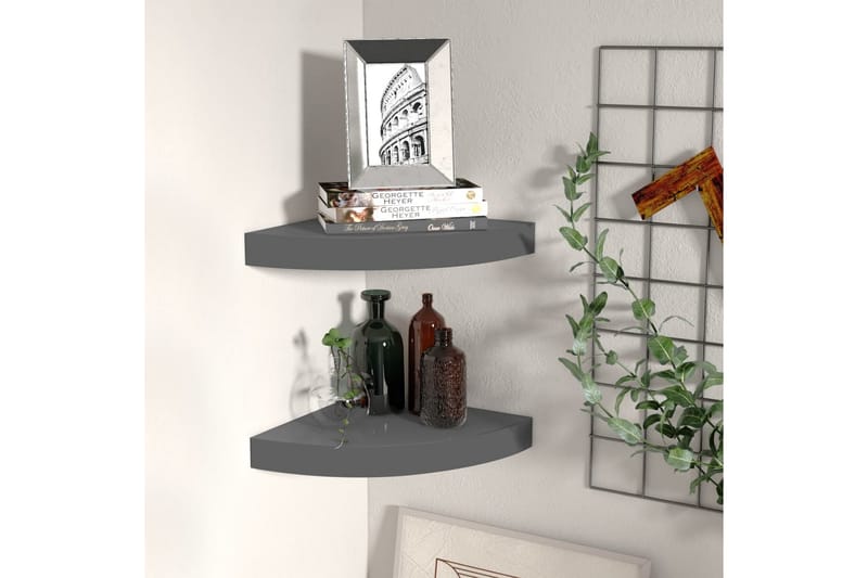 Kelluvat kulmahyllyt 2 kpl korkeakiilto harmaa 25x25x3,8 cm - Harmaa - Säilytys - Hylly - Kulmahylly