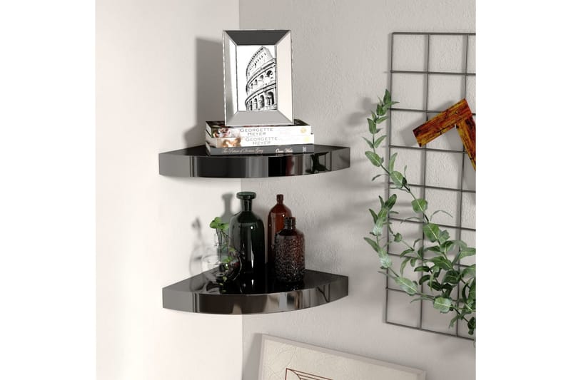 Kelluvat kulmahyllyt 2 kpl korkeakiilto musta 25x25x3,8 cm - Musta - Säilytys - Hylly - Kulmahylly