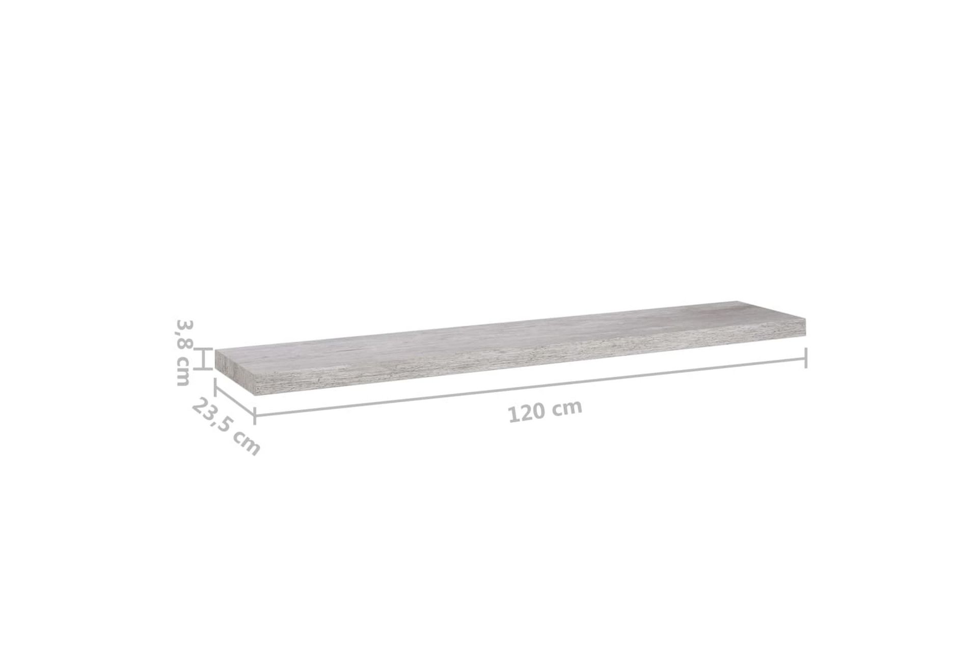 Kelluvat seinähyllyt 2 kpl betoninharmaa 120x23,5x3,8 cm MDF - Harmaa - Säilytys - Hylly - Seinähylly
