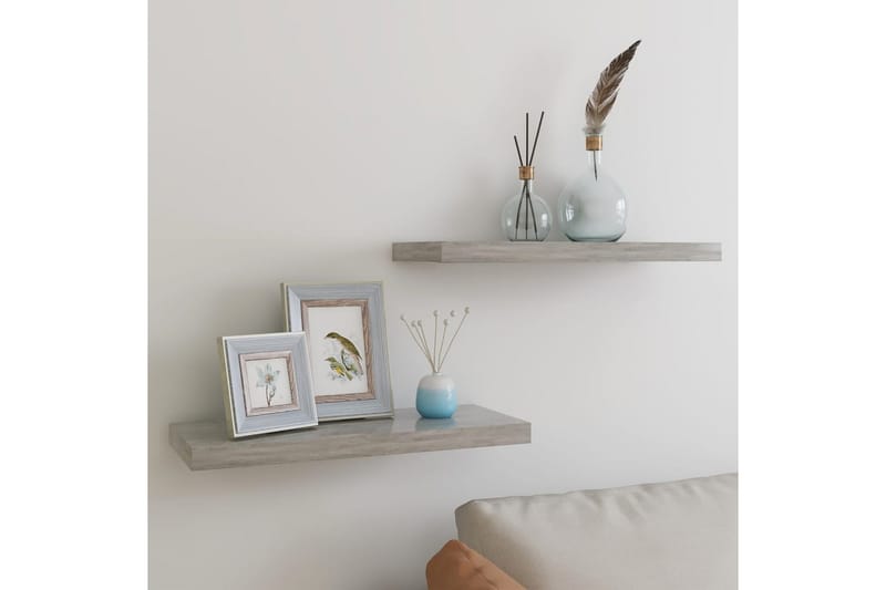 Kelluvat seinähyllyt 2 kpl betoninharmaa 60x23,5x3,8 cm MDF - Harmaa - Säilytys - Hylly - Seinähylly