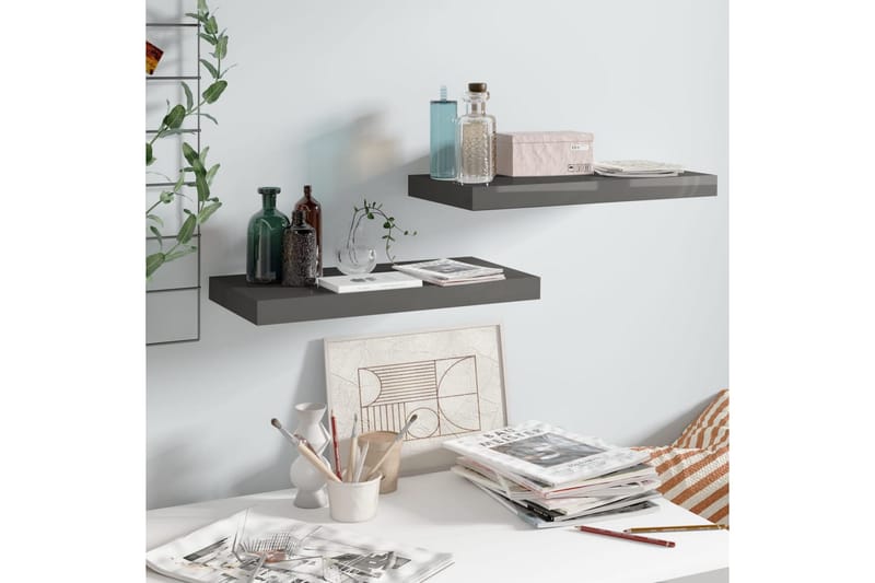 Kelluvat seinähyllyt 2 kpl korkeakiilto harmaa 50x23x3,8 cm - Harmaa - Säilytys - Hylly - Seinähylly