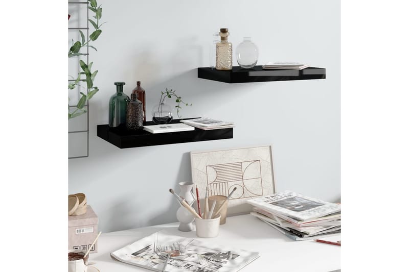 Kelluvat seinähyllyt 2 kpl korkeakiilto musta 40x23x3,8 cm - Musta - Säilytys - Hylly - Seinähylly