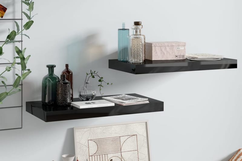 Kelluvat seinähyllyt 2 kpl korkeakiilto musta 50x23x3,8 cm - Musta - Säilytys - Hylly - Seinähylly