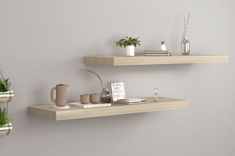 Kelluvat seinähyllyt 2 kpl tammi 80x23,5x3,8 cm MDF - Ruskea - Seinähylly - Keittiöhylly - Hylly