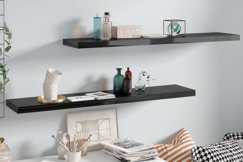 Kelluvat seinähyllyt 2kpl korkeakiilto musta 120x23,5x3,8 cm - Musta - Säilytys - Hylly - Seinähylly