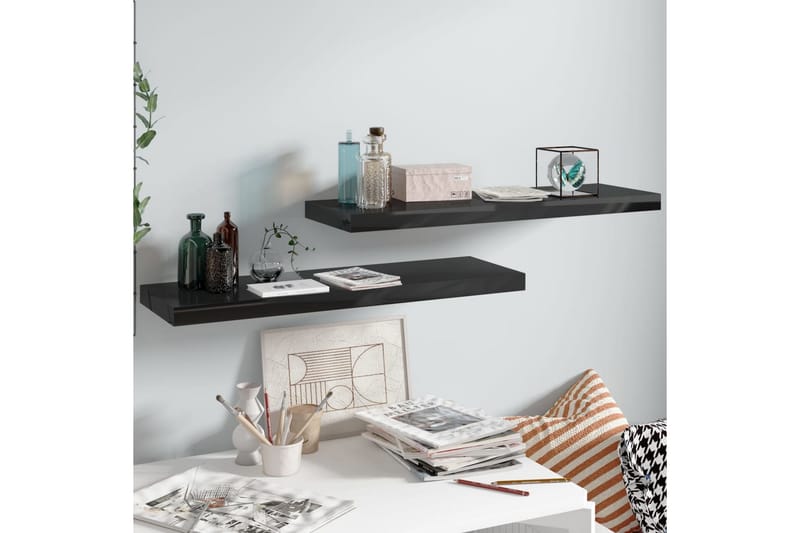 Kelluvat seinähyllyt 2kpl korkeakiilto musta 80x23,5x3,8 cm - Musta - Säilytys - Hylly - Seinähylly