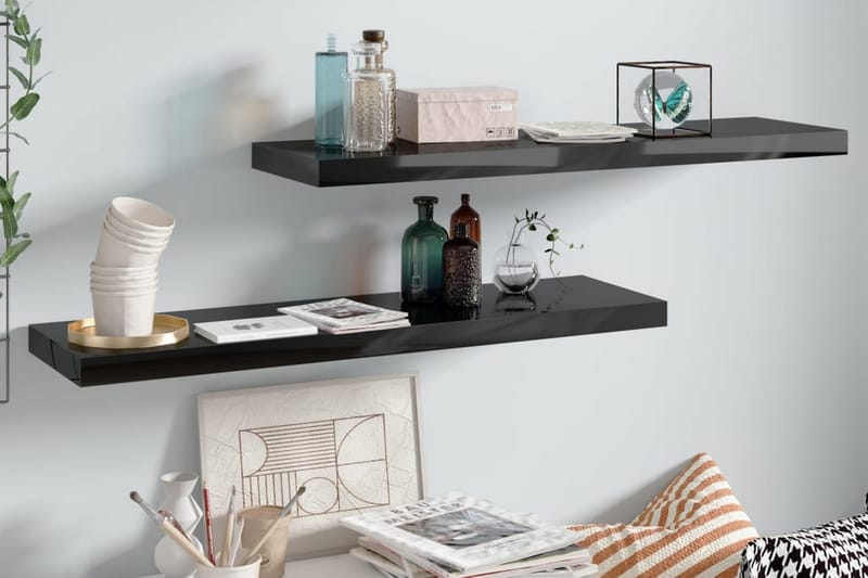Kelluvat seinähyllyt 2kpl korkeakiilto musta 90x23,5x3,8 cm - Musta - Säilytys - Hylly - Seinähylly