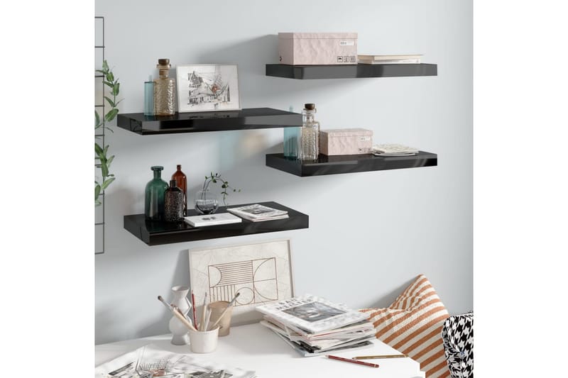 Kelluvat seinähyllyt 4 kpl korkeakiilto musta 50x23x3,8 cm - Musta - Säilytys - Hylly - Seinähylly