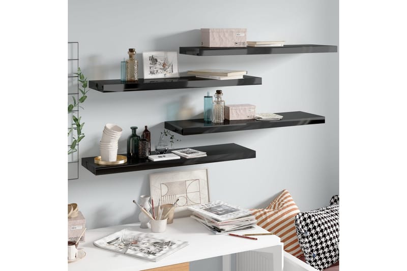 Kelluvat seinähyllyt 4 kpl korkeakiilto musta 90x23,5x3,8 cm - Musta - Säilytys - Hylly - Seinähylly