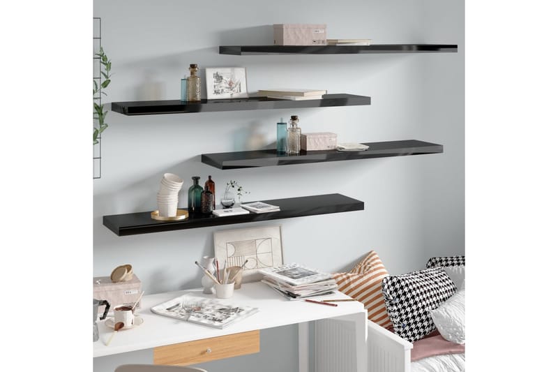Kelluvat seinähyllyt 4kpl korkeakiilto musta 120x23,5x3,8 cm - Musta - Säilytys - Hylly - Seinähylly