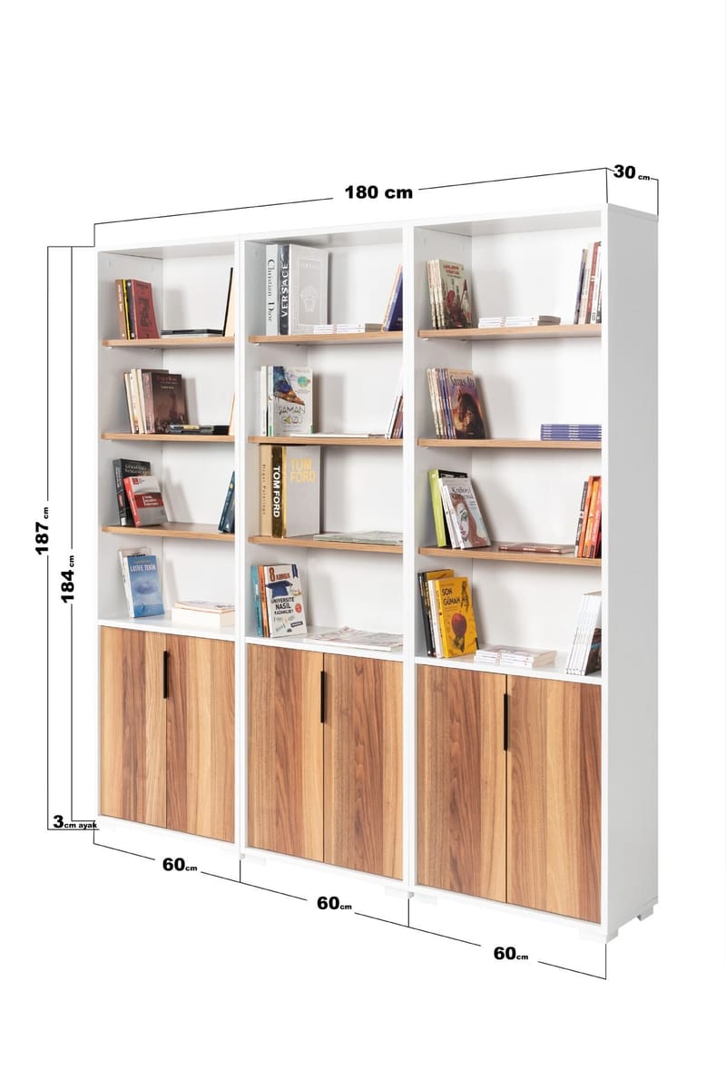 Kirjahylly Hanah Home Evora Wide (180 x 187 x 30 cm) Valkoinen pähkinä - Valkoinen ja pähkinä - Säilytys - Hylly - Kirjahylly