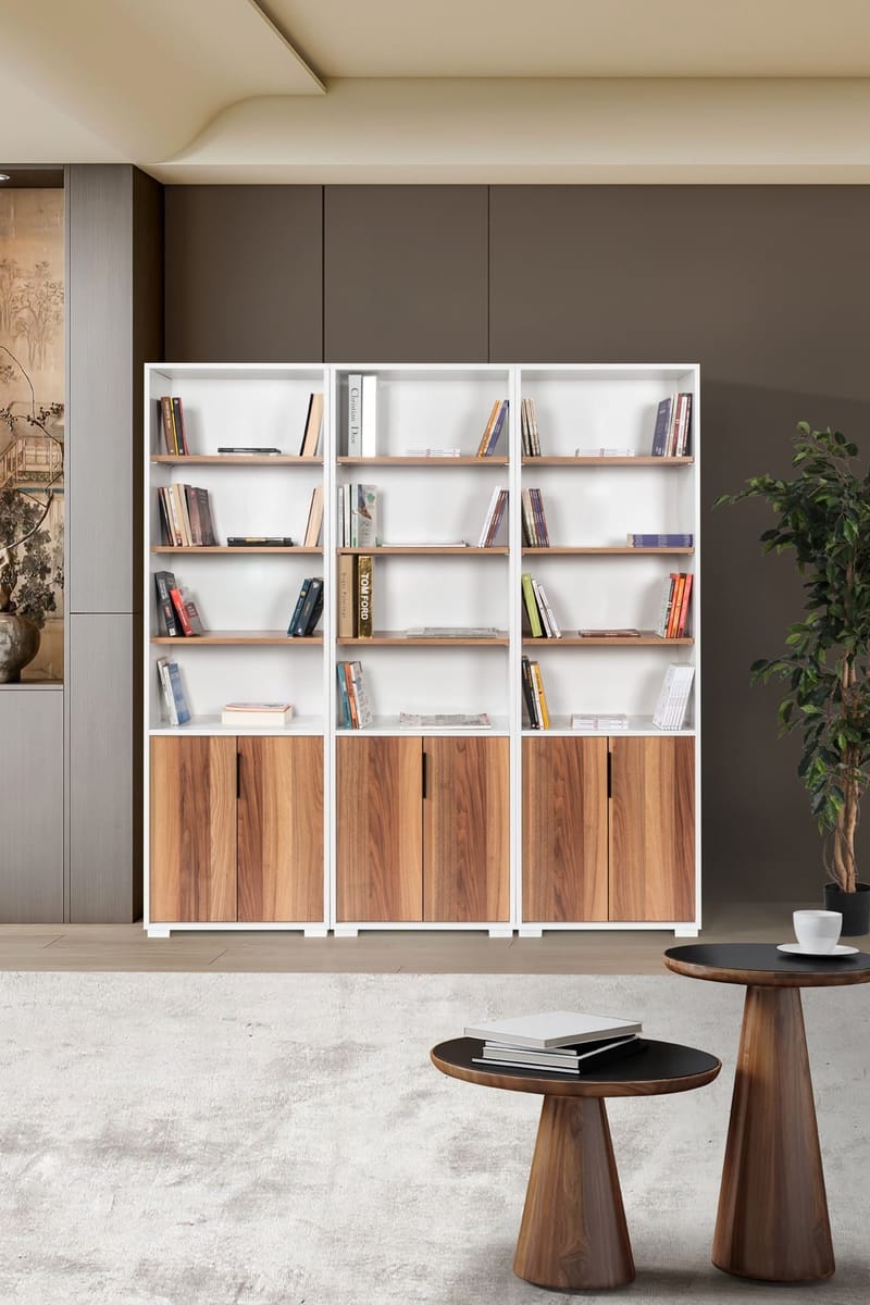 Kirjahylly Hanah Home Evora Wide (180 x 187 x 30 cm) Valkoinen pähkinä, Valkoinen ja pähkinä