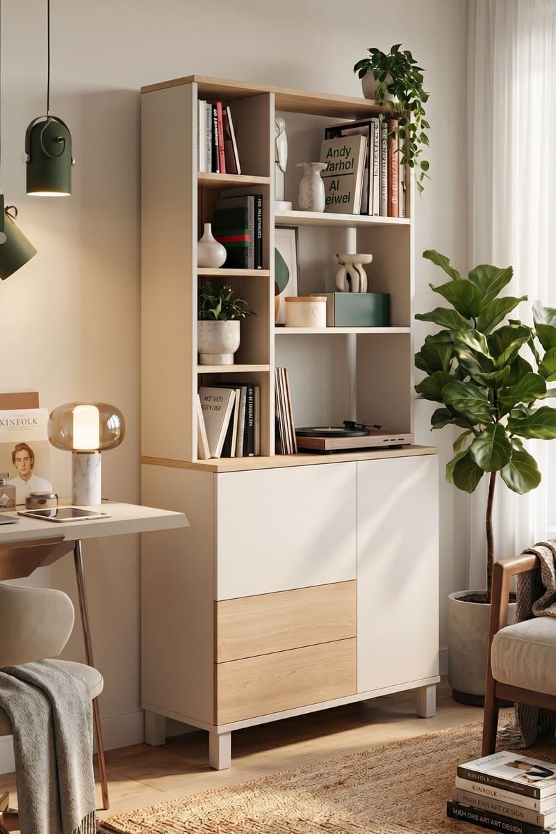 Kirjahylly Hanah Home Mood (85,2 x 187,8 x 35 cm) Hiekkatammi - Hiekka ja tammi - Säilytys - Hylly - Kirjahylly