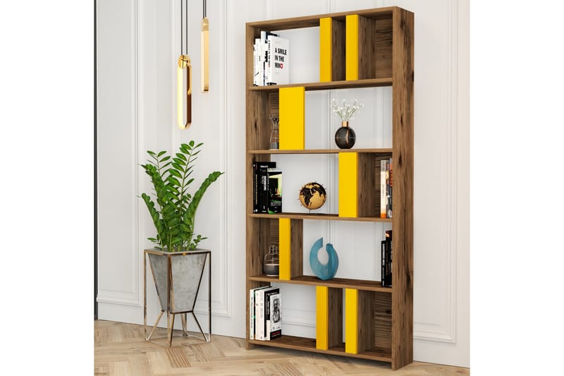 Kirjahylly Tibani 90x20 cm 5 hyllyä - Tummanruskea/Keltainen - Säilytys - Hylly - Kirjahylly