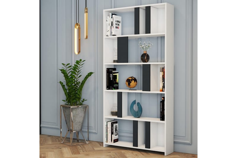 Kirjahylly Tibani 90x20 cm 5 hyllyä - Valkoinen/Antrasiitti - Säilytys - Hylly - Kirjahylly