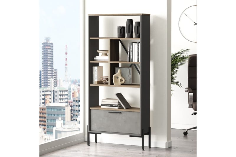 Kirjahylly Urgby 45x76 cm - Ruskea/Betoninharm/Antrasiitti - Säilytys - Hylly - Kirjahylly