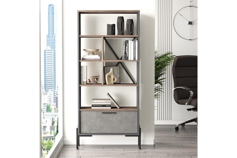 Kirjahylly Urgby 45x76 cm - Ruskea/Betoninharm/Antrasiitti - Säilytys - Hylly - Kirjahylly