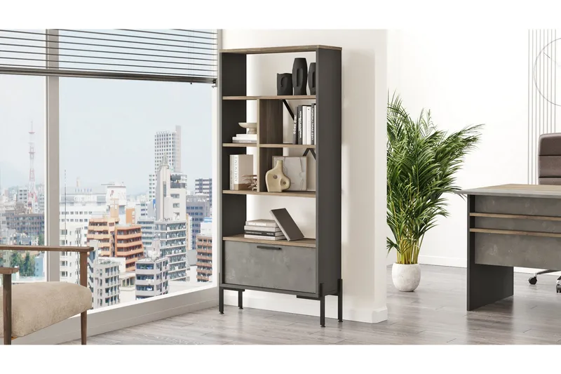 Kirjahylly Urgby 45x76 cm - Ruskea/Betoninharm/Antrasiitti - Säilytys - Hylly - Kirjahylly