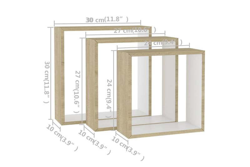 Kuutioseinähyllyt 3 kpl valkoinen ja Sonoma-tammi - Seinähylly - Keittiöhylly - Hylly