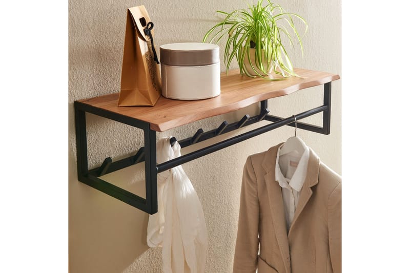 Seinähylly Wohnling Massiivipuinen metallinen seinään kiinnitettävä naulakko 80 cm teollinen - Säilytys - Hylly