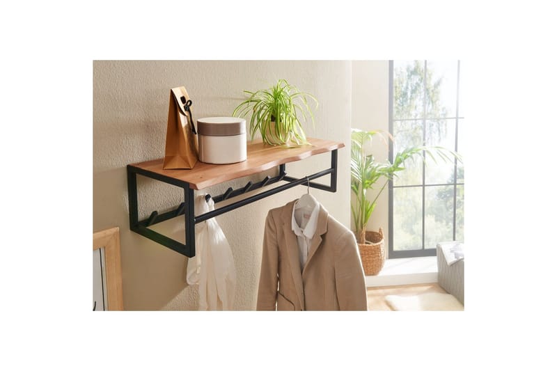 Seinähylly Wohnling Massiivipuinen metallinen seinään kiinnitettävä naulakko 80 cm teollinen - Säilytys - Hylly
