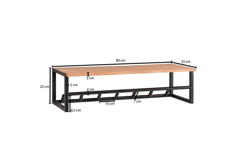 Seinähylly Wohnling Massiivipuinen metallinen seinään kiinnitettävä naulakko 80 cm teollinen - Säilytys - Hylly