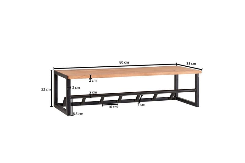 Seinähylly Wohnling Massiivipuinen metallinen seinään kiinnitettävä naulakko 80 cm teollinen - Säilytys - Hylly