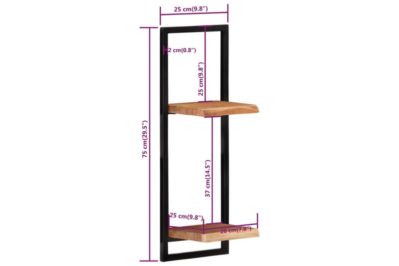 Seinähyllyt 2 kpl 25x25x75 cm täysi akasiapuu ja teräs - Ruskea - Säilytys - Hylly - Seinähylly