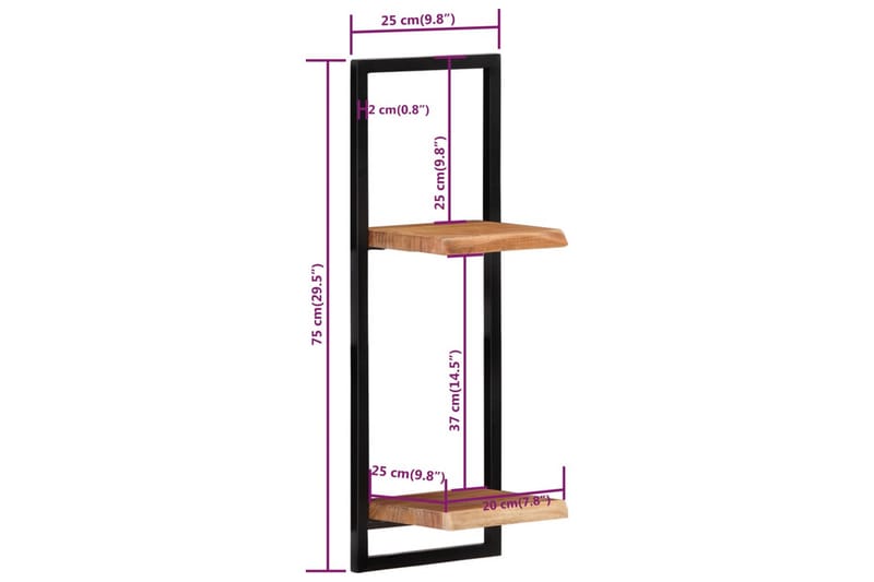 Seinähyllyt 2 kpl 25x25x75 cm täysi akasiapuu ja teräs - Ruskea - Seinähylly - Keittiöhylly - Hylly