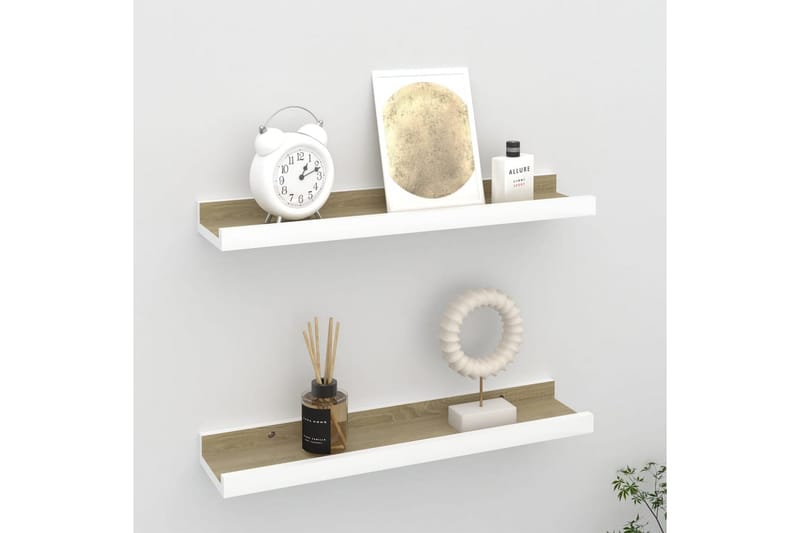Seinähyllyt 2 kpl valkoinen ja Sonoma-tammi 40x9x3 cm - Valkoinen - Säilytys - Hylly - Seinähylly