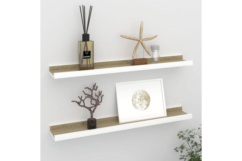 Seinähyllyt 2 kpl valkoinen ja Sonoma-tammi 60x9x3 cm - Valkoinen - Säilytys - Hylly - Seinähylly
