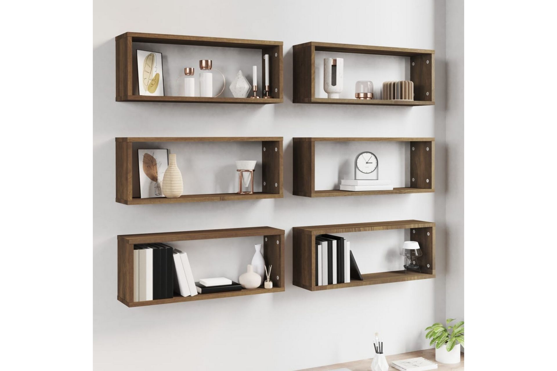 Seinäkuutiohyllyt 6 kpl ruskea tammi 60x15x23 cm tekninen pu - Ruskea - Säilytys - Hylly - Seinähylly