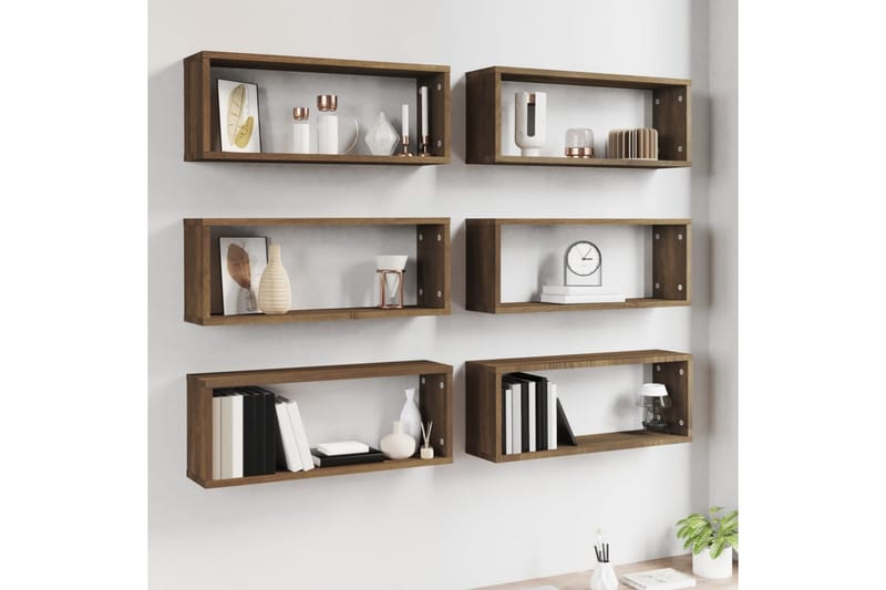 Seinäkuutiohyllyt 6 kpl ruskea tammi 60x15x23 cm tekninen pu - Ruskea - Säilytys - Hylly - Seinähylly