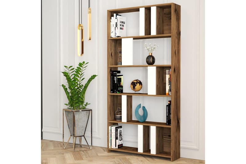 Timiza kirjahylly 90 cm 5 hyllyllä pähkinäpuuta - Pähkinänruskea - Säilytys - Hylly - Kirjahylly
