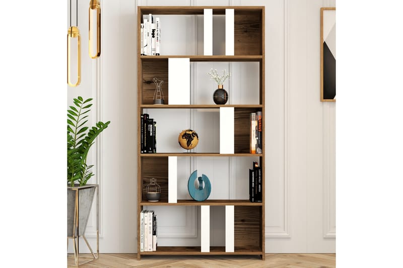 Timiza kirjahylly 90 cm 5 hyllyllä pähkinäpuuta - Pähkinänruskea - Säilytys - Hylly - Kirjahylly