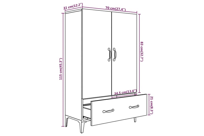 beBasic Kaappi ruskeatammi 70x31x115 cm tekninen puu - Ruskea - Säilytyskaappi