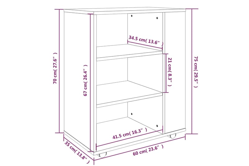 beBasic Kaappi pyörillä savutammi 60x35x75 cm tekninen puu - Ruskea - Säilytys - Kaappi - Säilytyskaappi