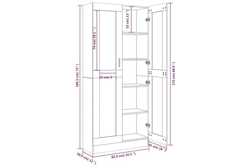 beBasic Vitriinikaappi harmaa Sonoma 82,5x30,5x185,5 cm tekninen puu - Harmaa - Säilytys - Kaappi - Vitriini