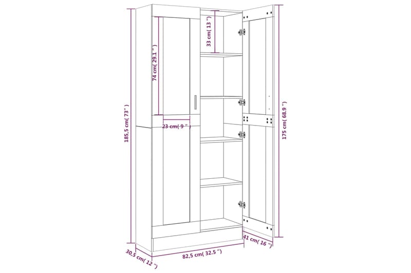 beBasic Vitriinikaappi harmaa Sonoma 82,5x30,5x185,5 cm tekninen puu - Harmaa - Vitriini