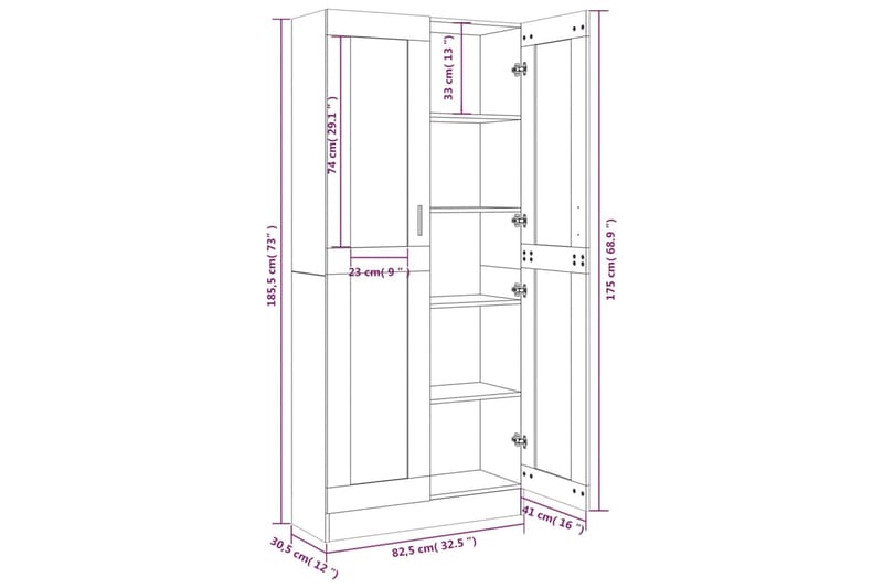 beBasic Vitriinikaappi ruskea tammi 82,5x30,5x185,5 cm tekninen puu - Ruskea - Säilytys - Kaappi - Vitriini
