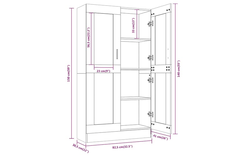 beBasic Vitriinikaappi savutammi 82,5x30,5x150 cm tekninen puu - Ruskea - Säilytys - Kaappi - Vitriini