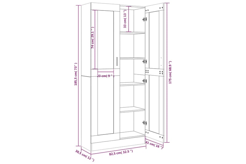 beBasic Vitriinikaappi savutammi 82,5x30,5x185,5 cm tekninen puu - Ruskea - Vitriini