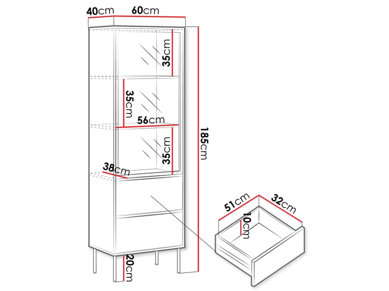Claven-vitriiinikaappi 60x185 cm - beige - Säilytys - Kaappi - Vitriini