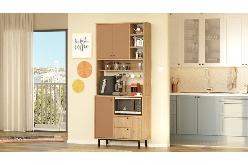 Donae Korkeakaappi - Tammi/Punainen - Säilytys - Kaappi - Säilytyskaappi