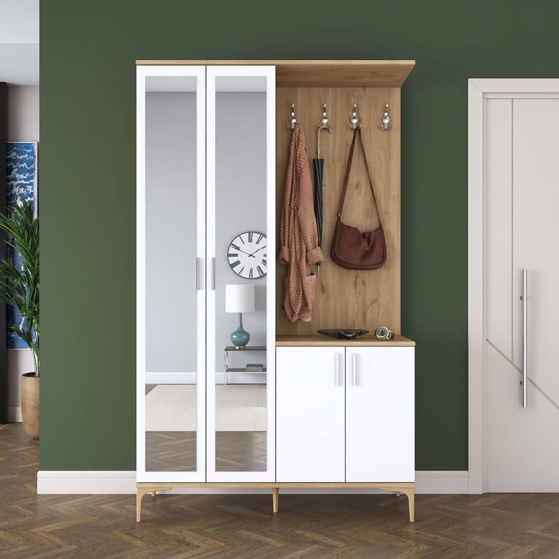 Eteiskaluste Wallxpert Dara EA147 (120 x 198,6 x 37,5 cm) pähkinä valkoinen - Pähkinäpuu ja valkoinen - Säilytys - Kaappi - Vitriini