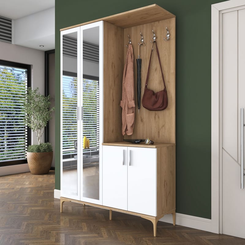 Eteiskaluste Wallxpert Dara EA147 (120 x 198,6 x 37,5 cm) pähkinä valkoinen - Pähkinäpuu ja valkoinen - Säilytys - Kaappi - Vitriini
