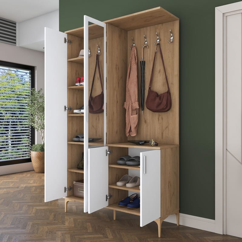 Eteiskaluste Wallxpert Dara EA147 (120 x 198,6 x 37,5 cm) pähkinä valkoinen - Pähkinäpuu ja valkoinen - Säilytys - Kaappi - Vitriini