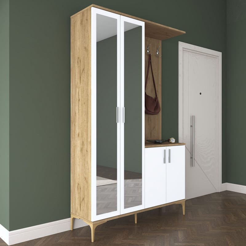 Eteiskaluste Wallxpert Dara EA147 (120 x 198,6 x 37,5 cm) pähkinä valkoinen - Pähkinäpuu ja valkoinen - Säilytys - Kaappi - Vitriini